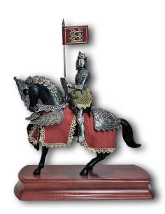 Armadura ecuestre miniatura, estandarte y yelmo ingles