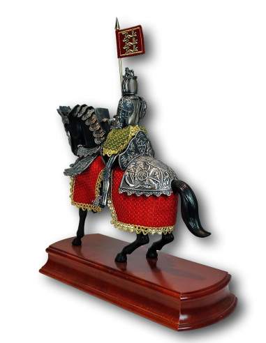 Armadura ecuestre miniatura, estandarte y yelmo ingles