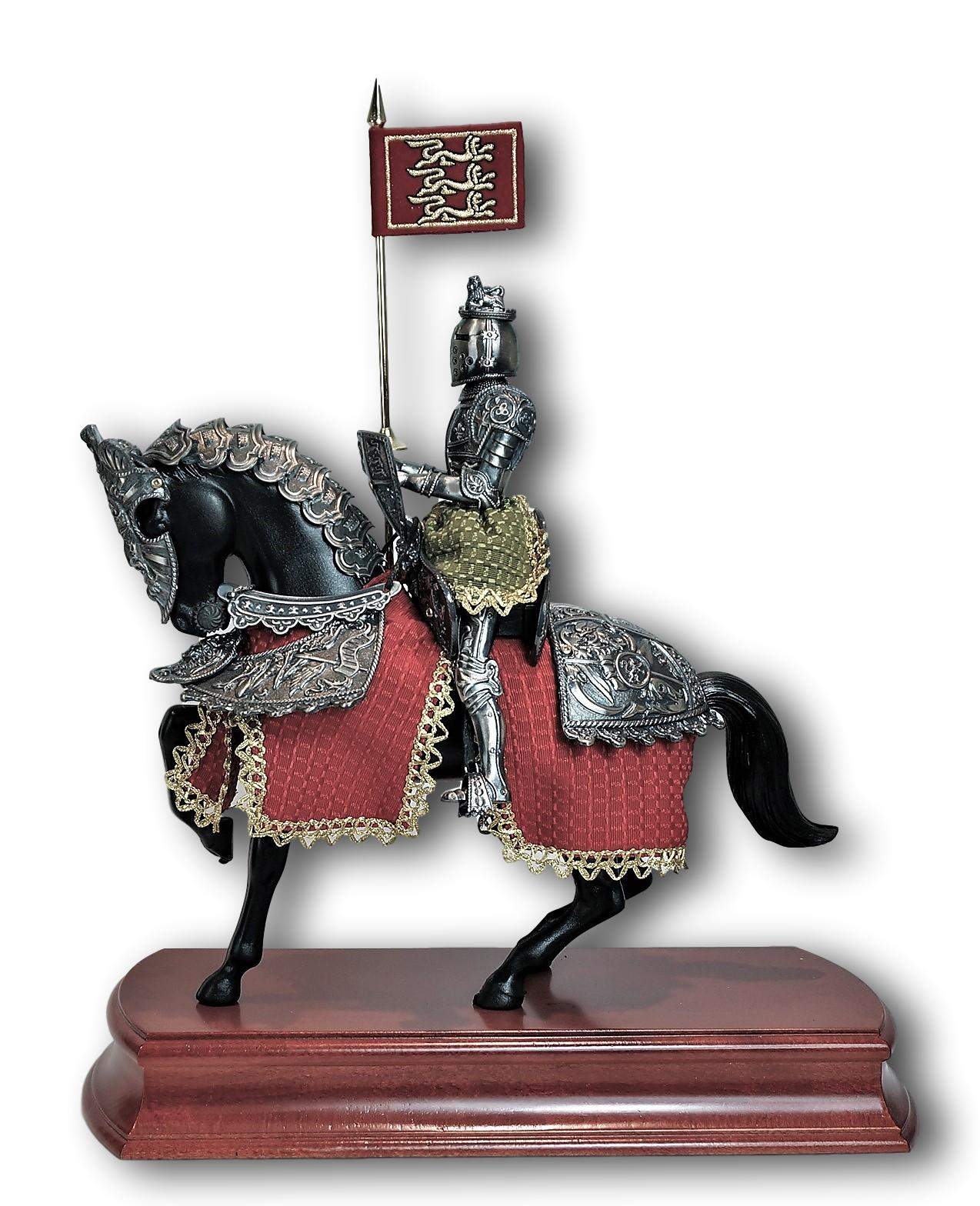 Armadura ecuestre miniatura, estandarte y yelmo ingles